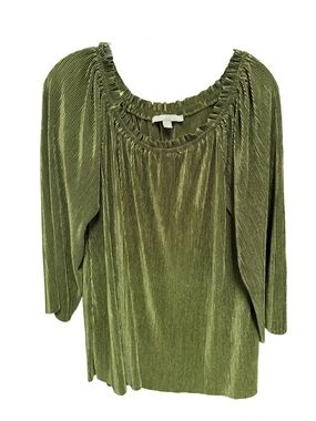 Valerie Stevens Women’s Large Olive Green Pleated Scoop-Neck Tunic Retro Disco